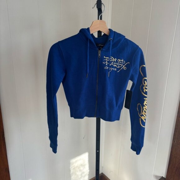 Ed Hardy Tiger Lotus Blue Cropped Zip Hoodie Grunge Y2K Streetwear Womens XS NWT - Picture 2 of 11